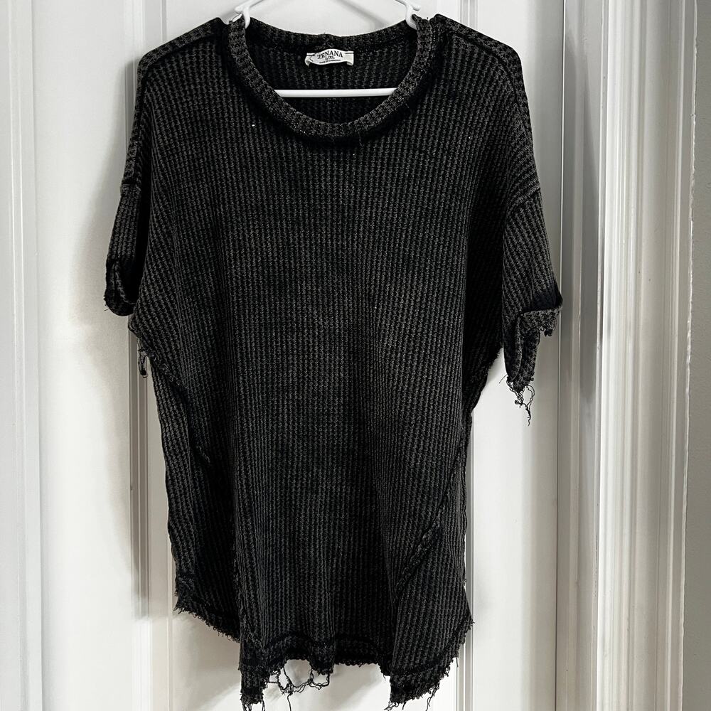 EUC Zenana Outfitters Mineral Wash Distressed Waffle Knit Top | Size L/XL